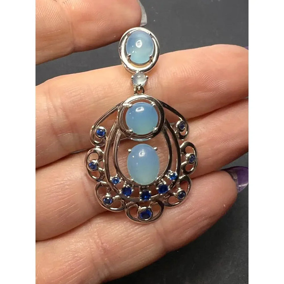 LAB CREATED BLUE SPINEL AND BLUE CHALCEDONY RHODIUM OVER SILVER EARRINGS - Picture 11 of 11